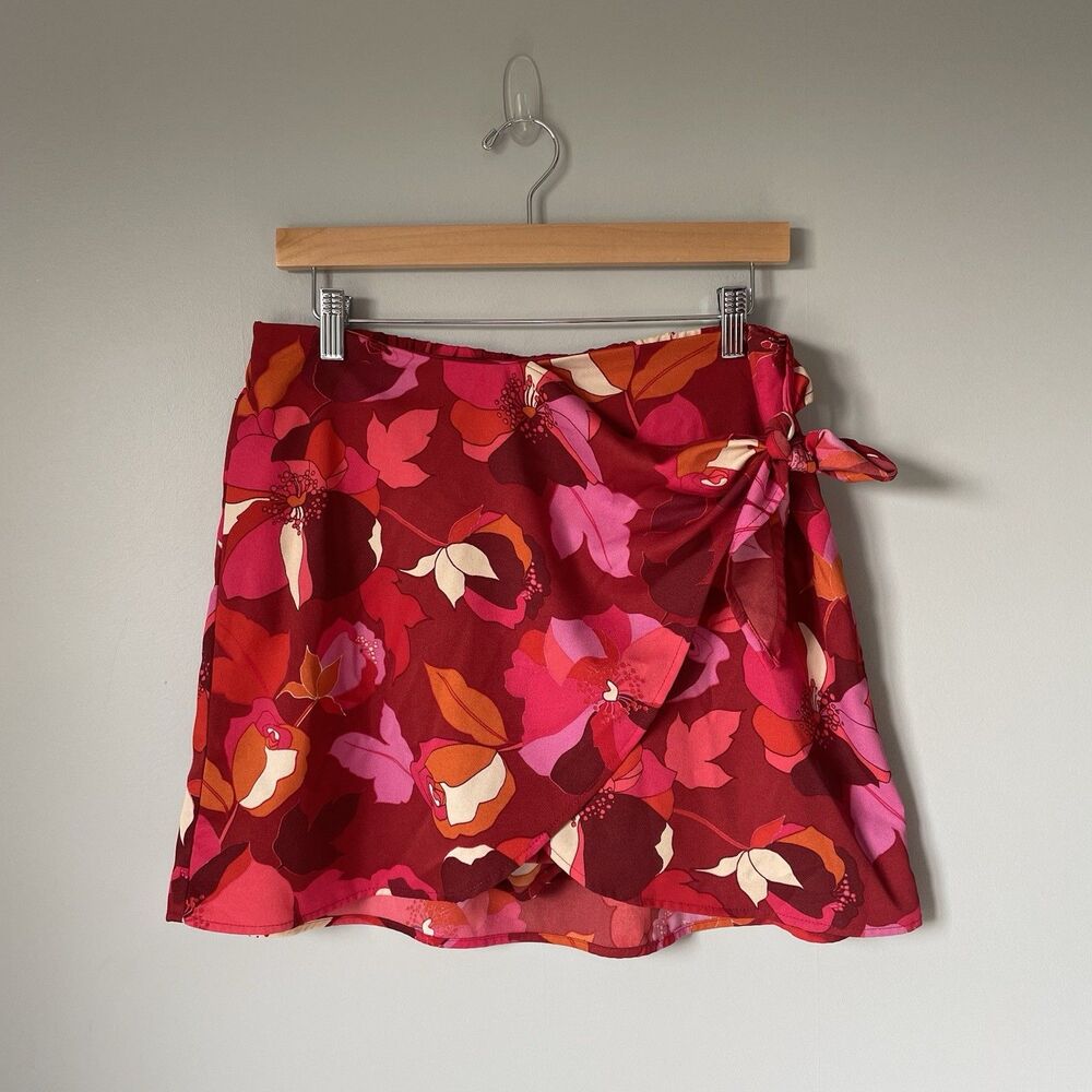 DR2 Tropical Floral Print Wrap Mini Skirt Skort Shorts Pink Red Size Large